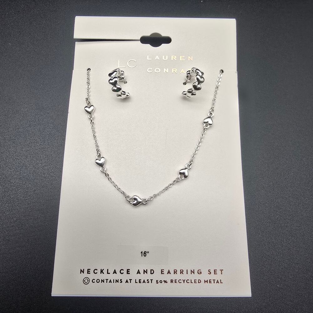 Lauren Conrad Dainty Heart Necklace Earrings Set Silver Tone NWT On Card